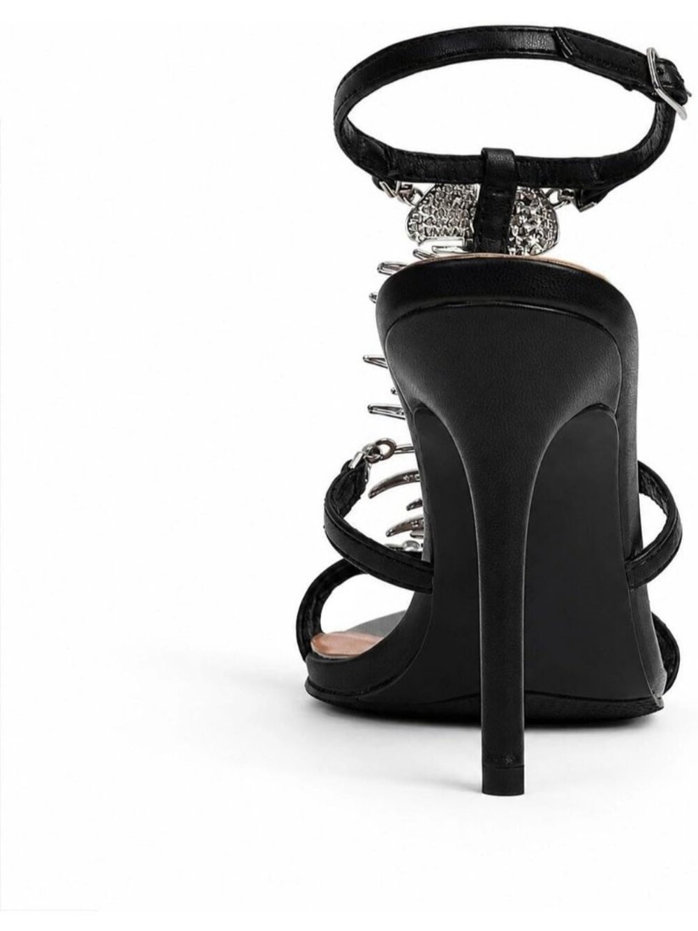 Women's 4.1inch Black Leather Fishbone Rhinestone Pointed Open Toe Sexy Heels - Picture 6 of 7